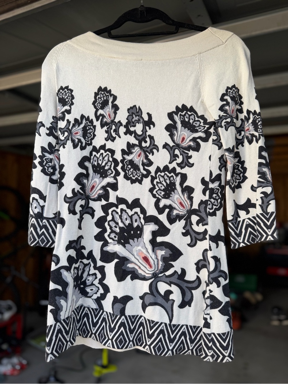 White House Black Market White Boatneck Tunic with Black Floral Motif